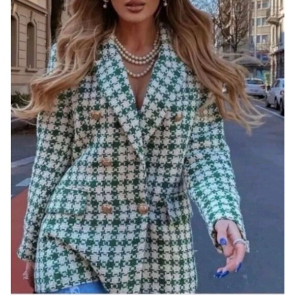 Zara Green Tweed Oversized Double Breasted Blazer Jacket Blogger’s Fave L Large - Picture 4 of 16